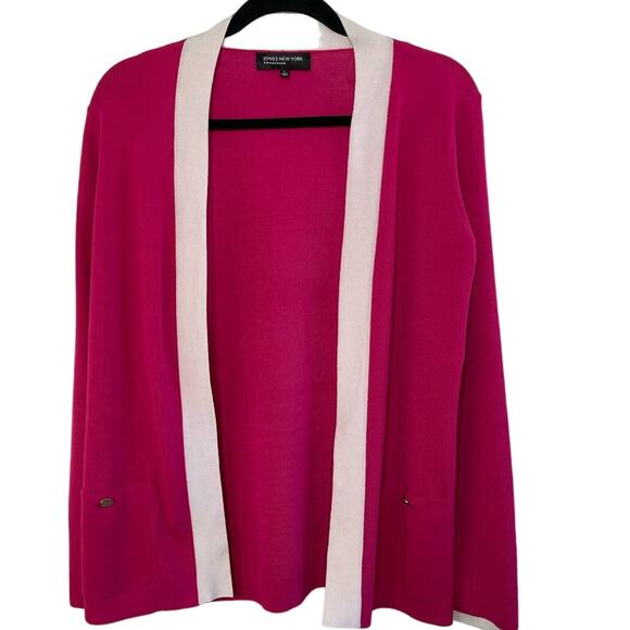 Jones New York Open Cardigan Jersey Long Sleeve Pink White Trim Women's Large - Picture 1 of 10